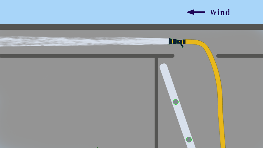 Nozzle held above joists to apply water to burning fuels (seat of fire) from upwind position.